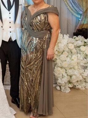 Elegant Metallic Olive Sequin Off-Shoulder Evening Gown